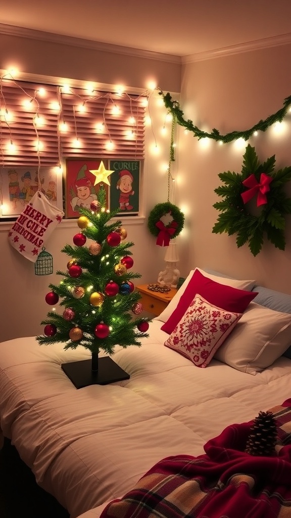 Christmas Aesthetic University Decor Ideas A university dorm room decorated for Christmas with lights, a mini tree, and festive decor.